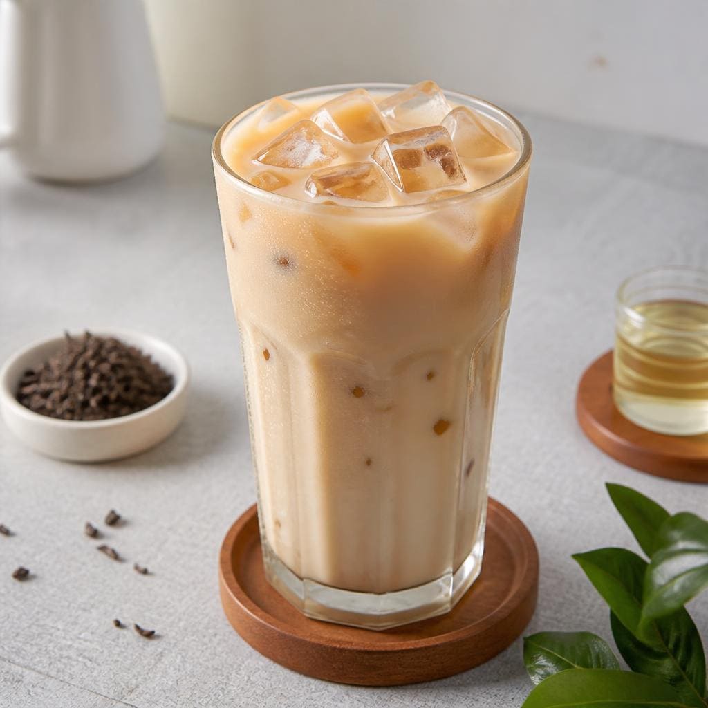 Es Milk Tea Kopi Ruang Hati dengan teh susu dan sirup gula